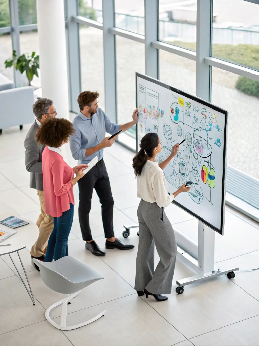 A team of consultants collaborating on a strategy development plan, using digital tools and whiteboards to brainstorm ideas, showcasing GcmExecs' strategy development expertise.
