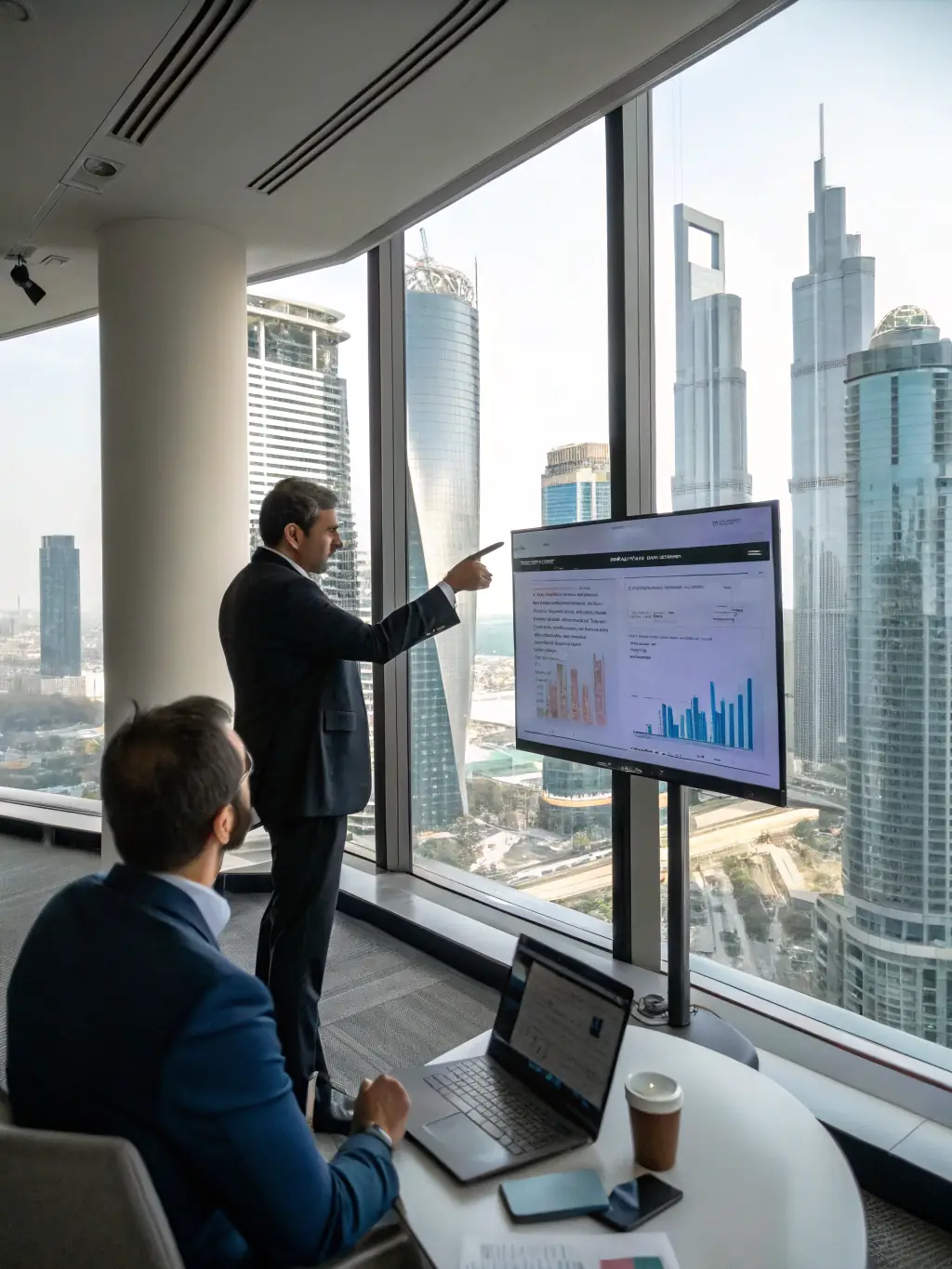 An AI consultant presenting AI solutions to a client, demonstrating how AI tools can streamline operations and improve efficiency, reflecting GcmExecs' AI consulting services.