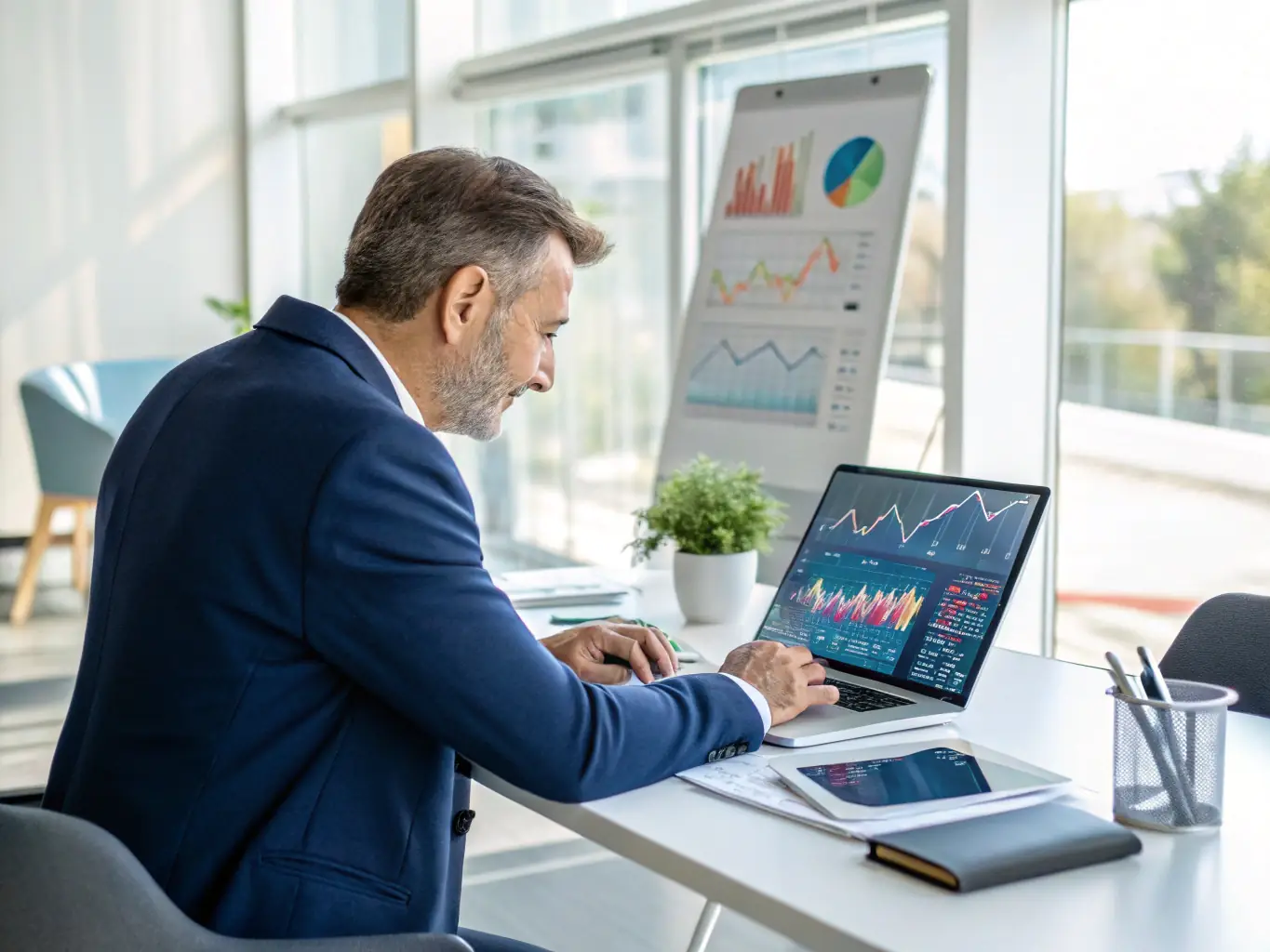 A business executive is reviewing AI-generated reports and dashboards, gaining insights into market trends, customer behavior, and business performance, highlighting the role of AI in informed decision-making.