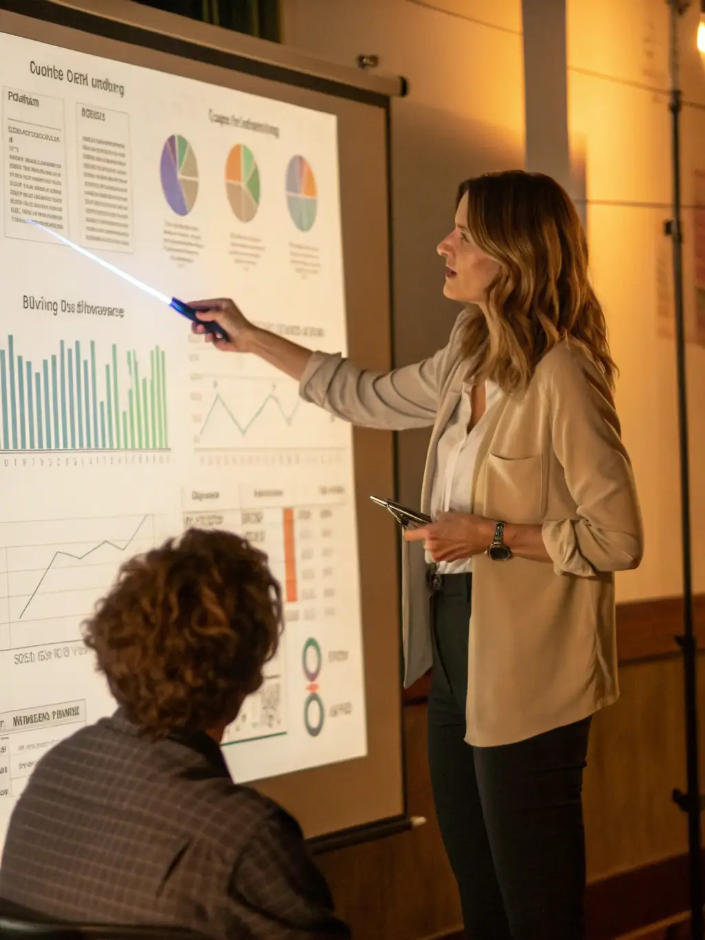 A professional business coach guiding a client through a strategic planning session, with charts and graphs visible in the background, representing GcmExecs' business coaching service.
