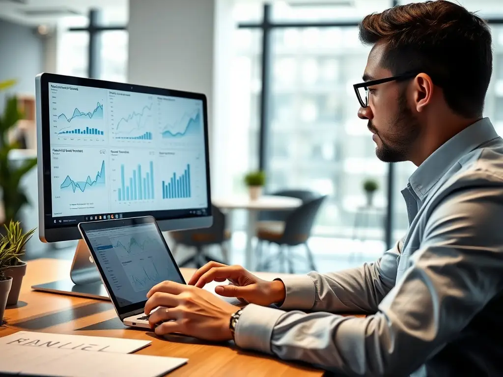 A consultant is analyzing data on a laptop, with AI-generated insights displayed on the screen, showcasing the use of AI in data analysis and decision-making for a business consulting context.